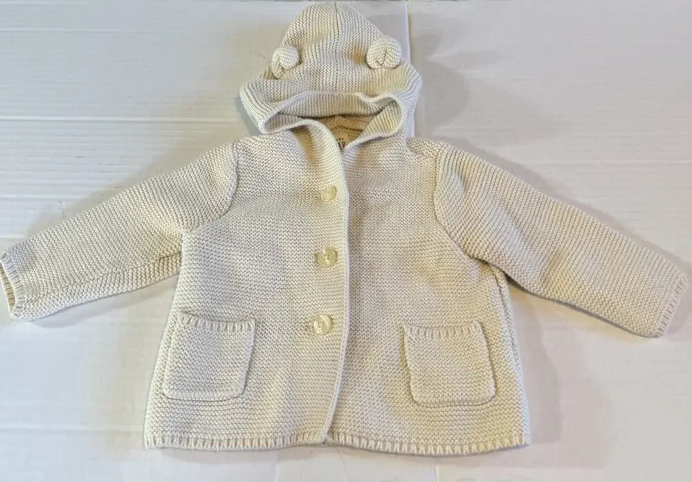 Baby Gap Size 6-12 mo Ivory Bear Knit Hooded Cardigan Sweater